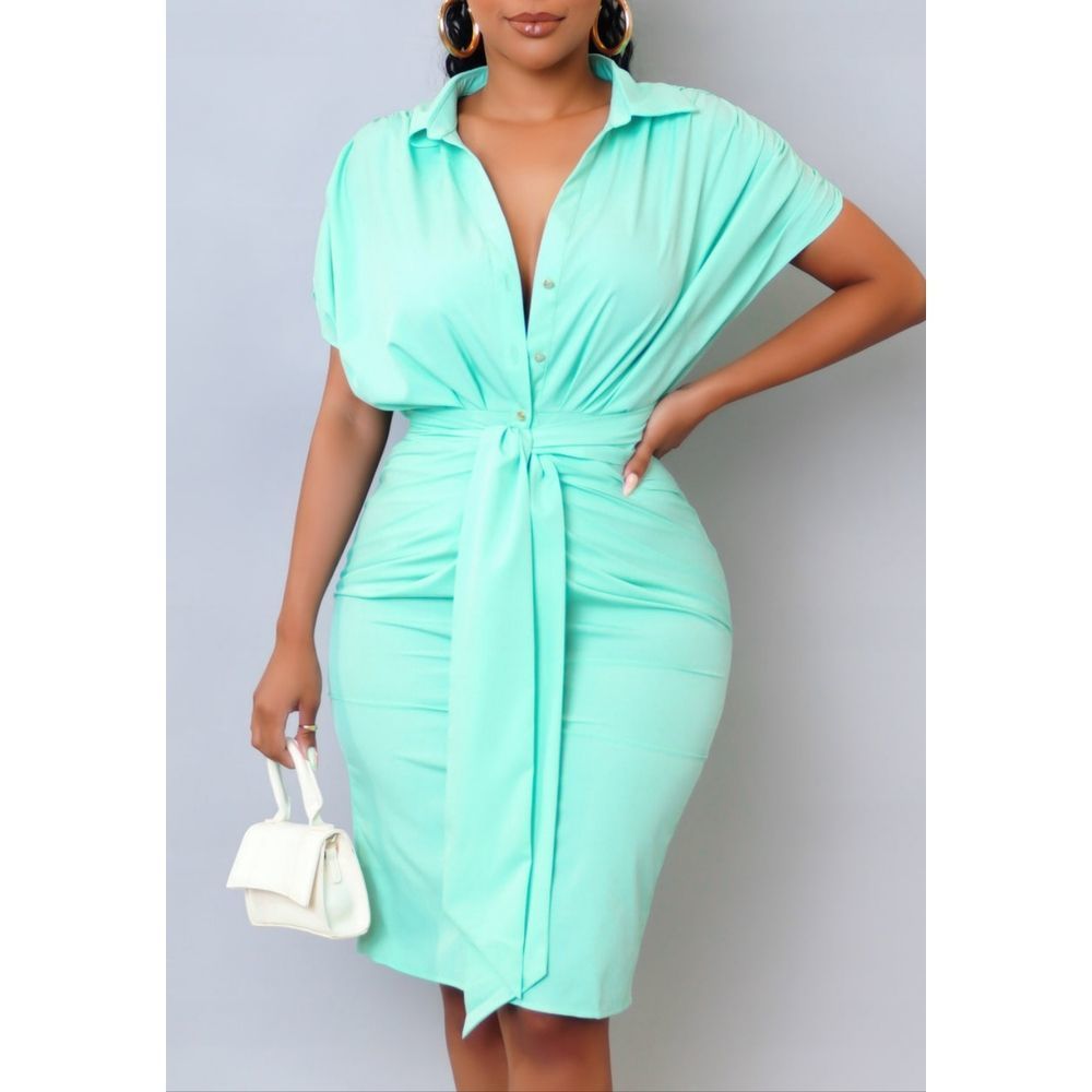 Women's Classy Collared Midi Dress With Built-in Belt